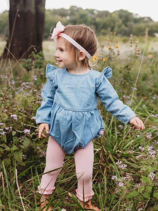 Baby Girls Light Wash Long Sleeve Flutter Bubble Romper: Blue / 18-24m