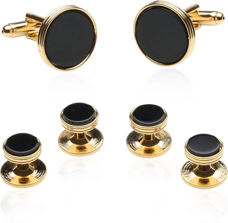 Onyx And Gold Wedding Set Cuff Links Studs - Edwina Alexis