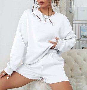 Long Sleeve Round Neck Sweat Suit Shorts Set: Off-white / L - Edwina Alexis