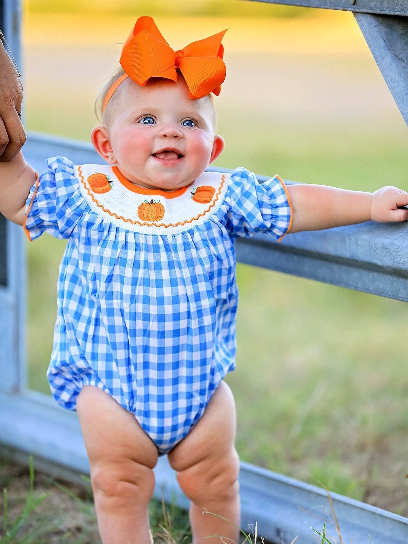 Halloween Bule Girls Woven Smocking Embroidered Plaid Romper: 3M - Edwina Alexis