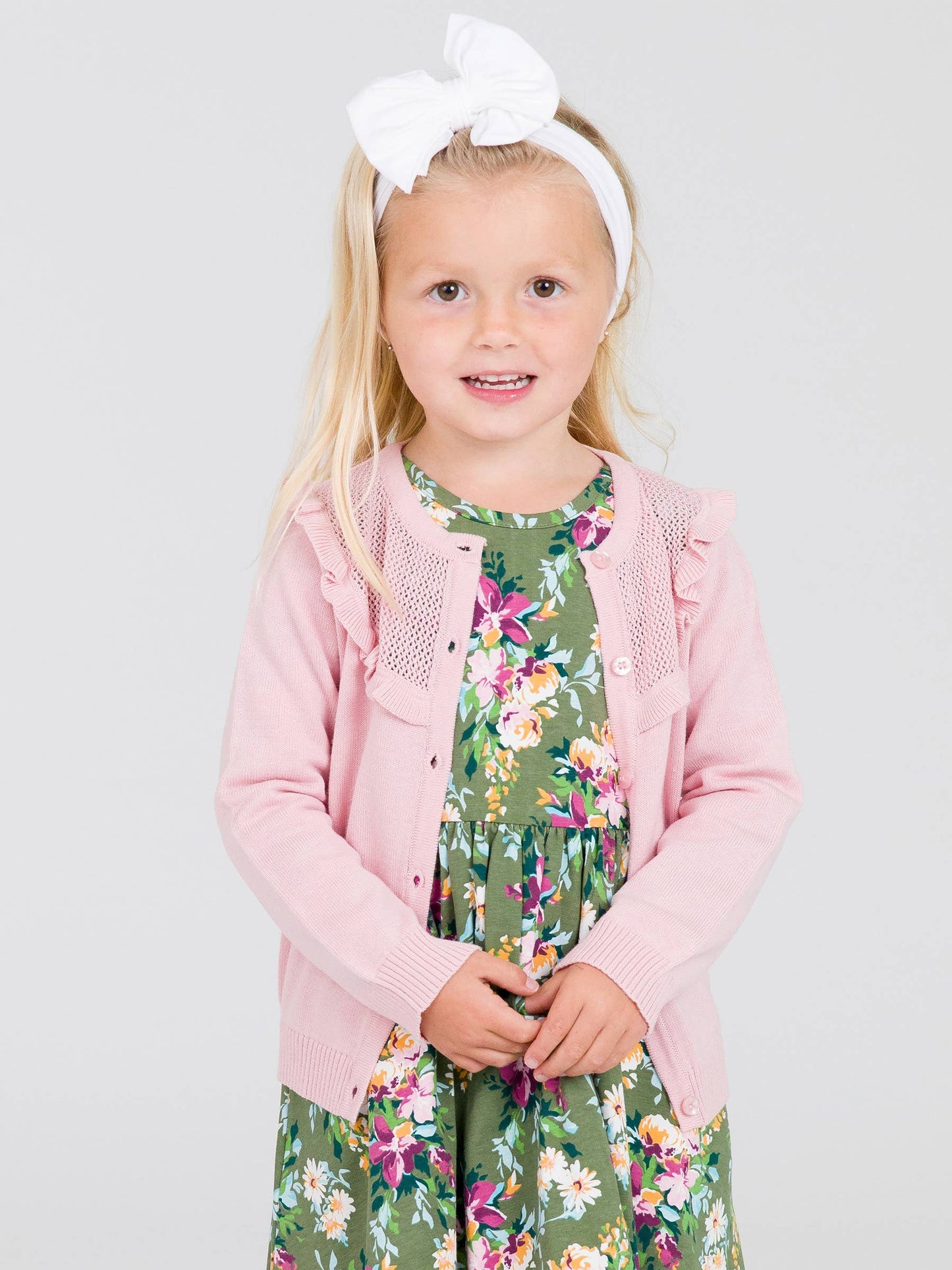 Girls Pink Sweater Knit Ruffle Trim Cardigan: Pink / 18-24m