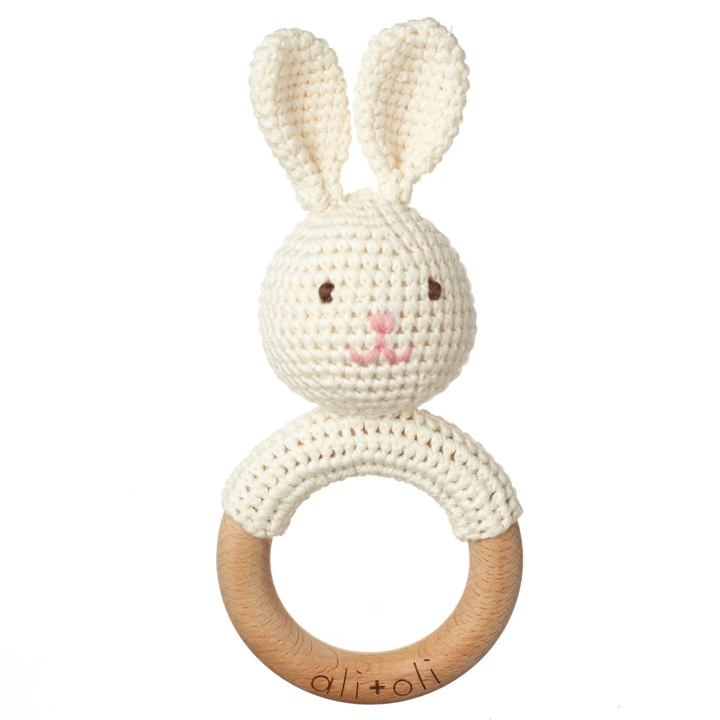 Baby Teething Toy Rattle Wood Ring Crochet (Bunny) - Edwina Alexis