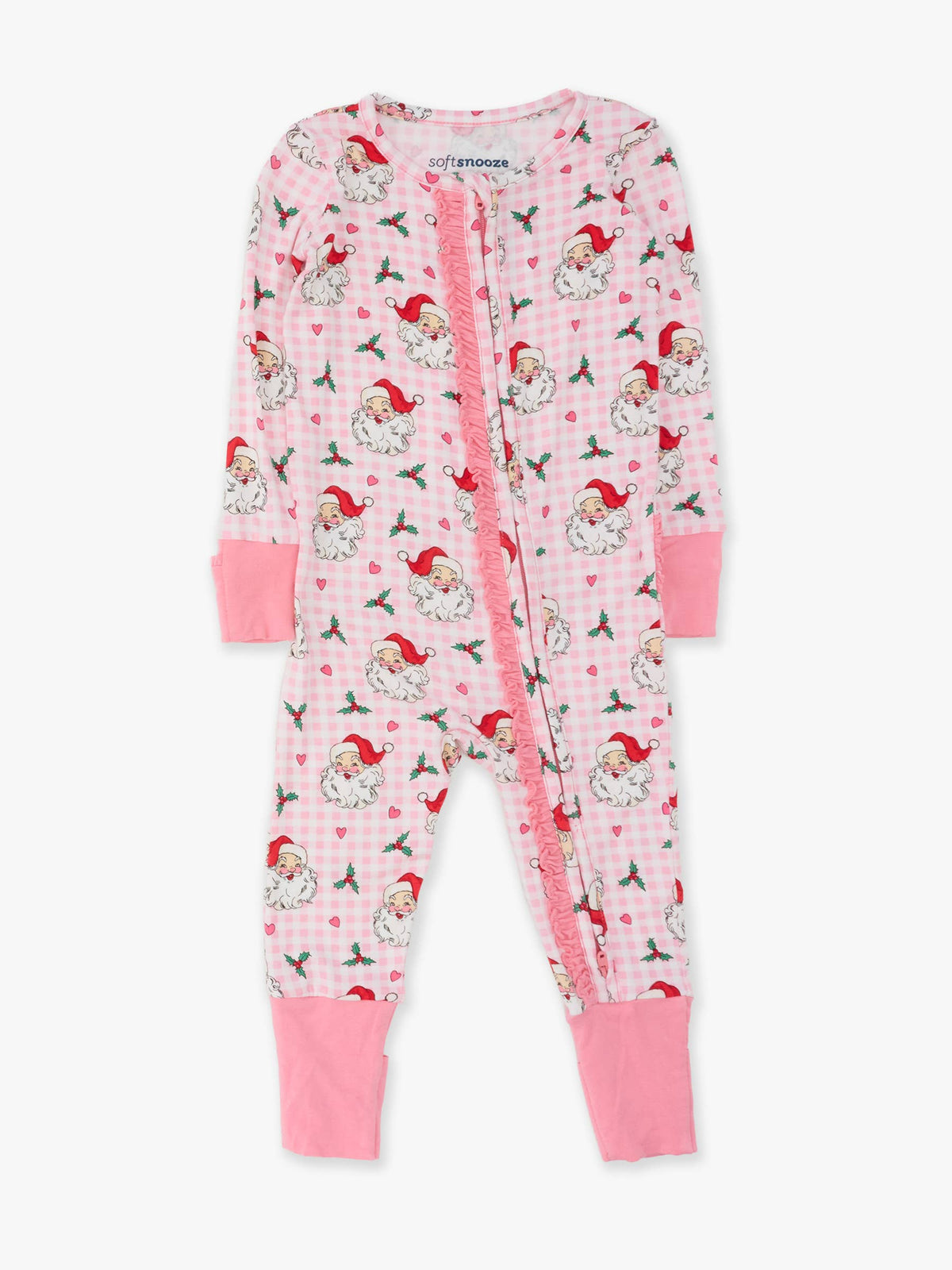SoftSnooze™ Baby Girls Bamboo Viscose Pink Dear Santa Convertible Ruffle One Piece Footie Pajama