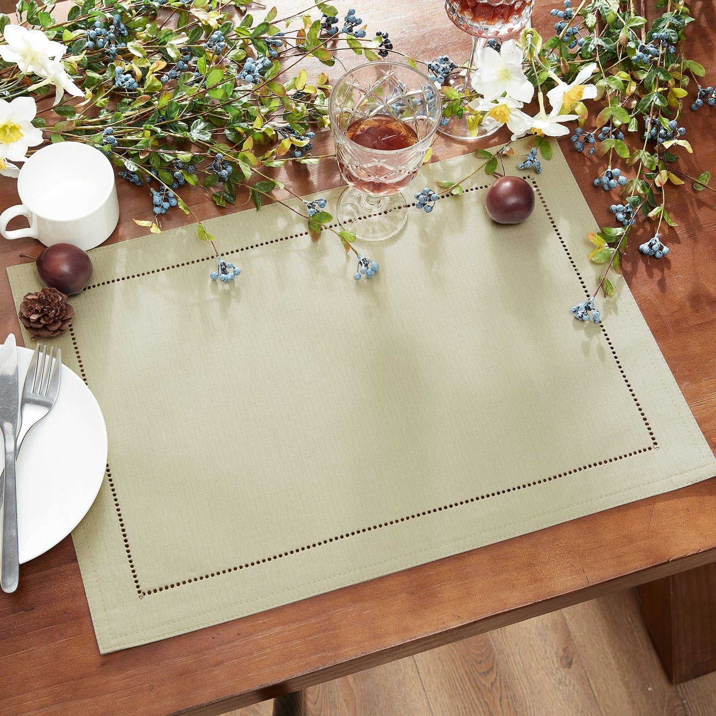 Alison Hemstitch Border Fabric Placemat, Set of 4 - 13"x19": Fog