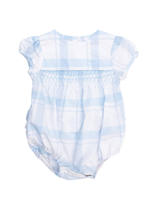 Baby Girls Light Blue Windowpane Check Smocked Puff Sleeve Bubble Romper: Blue / 18-24m