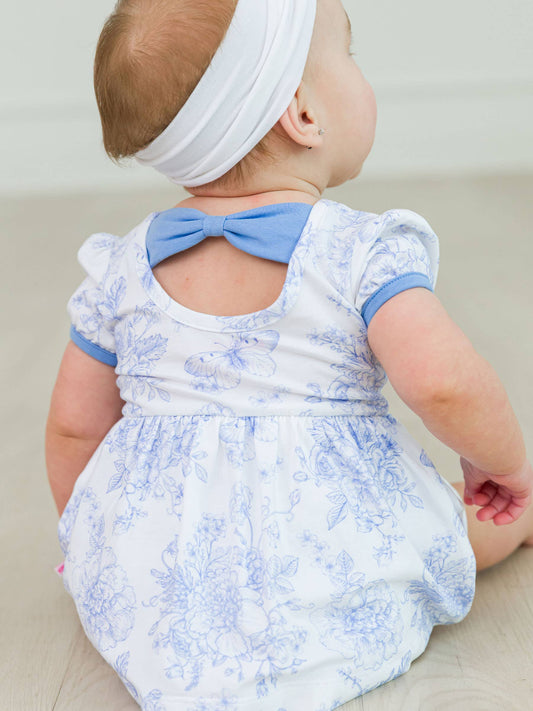 Baby Girls Periwinkle Blue Butterfly Garden Toile Short Sleeve Bow Twirl Romper: Blue / 12-18m