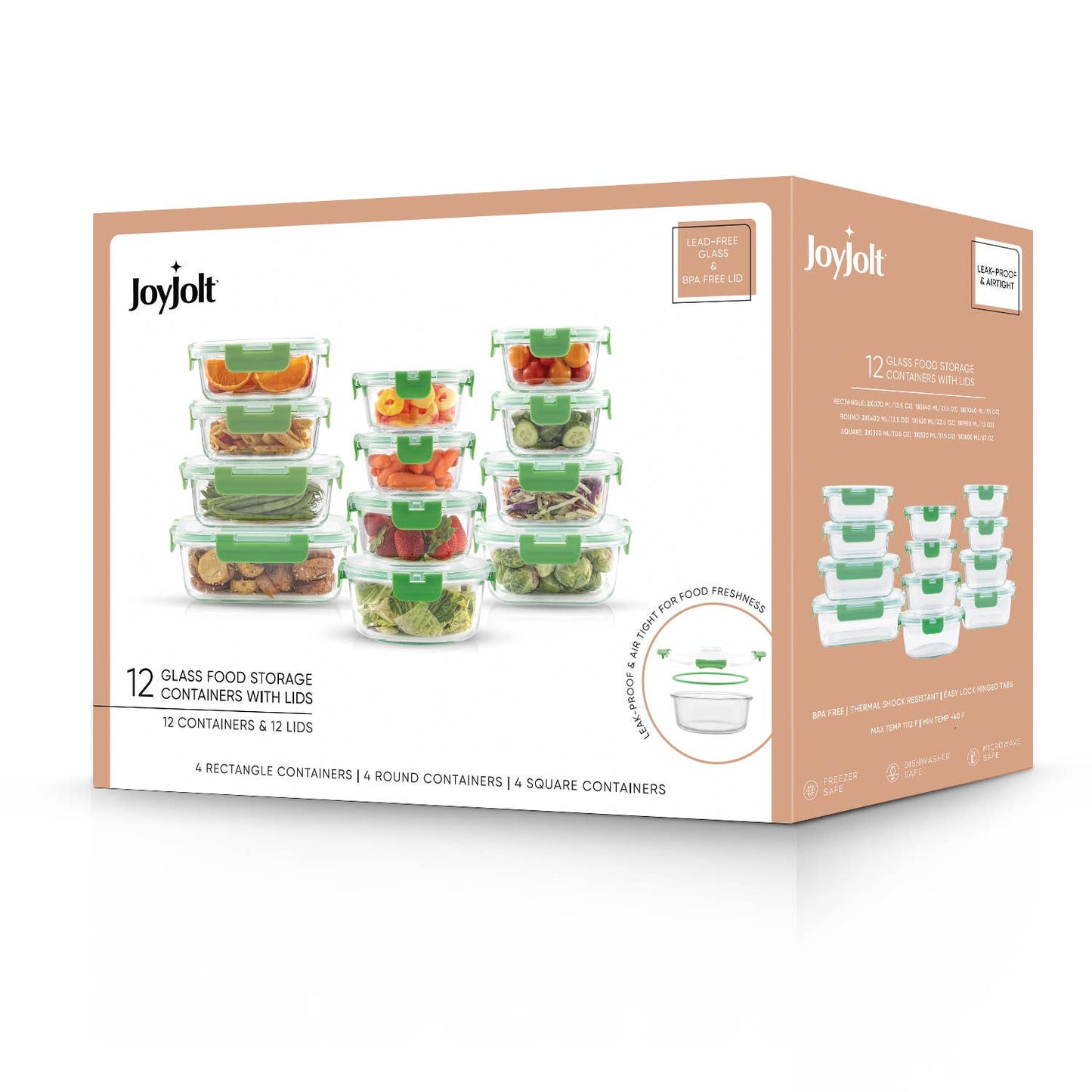 JoyFul 12 Glass Storage Containers With Green Leakproof Lids