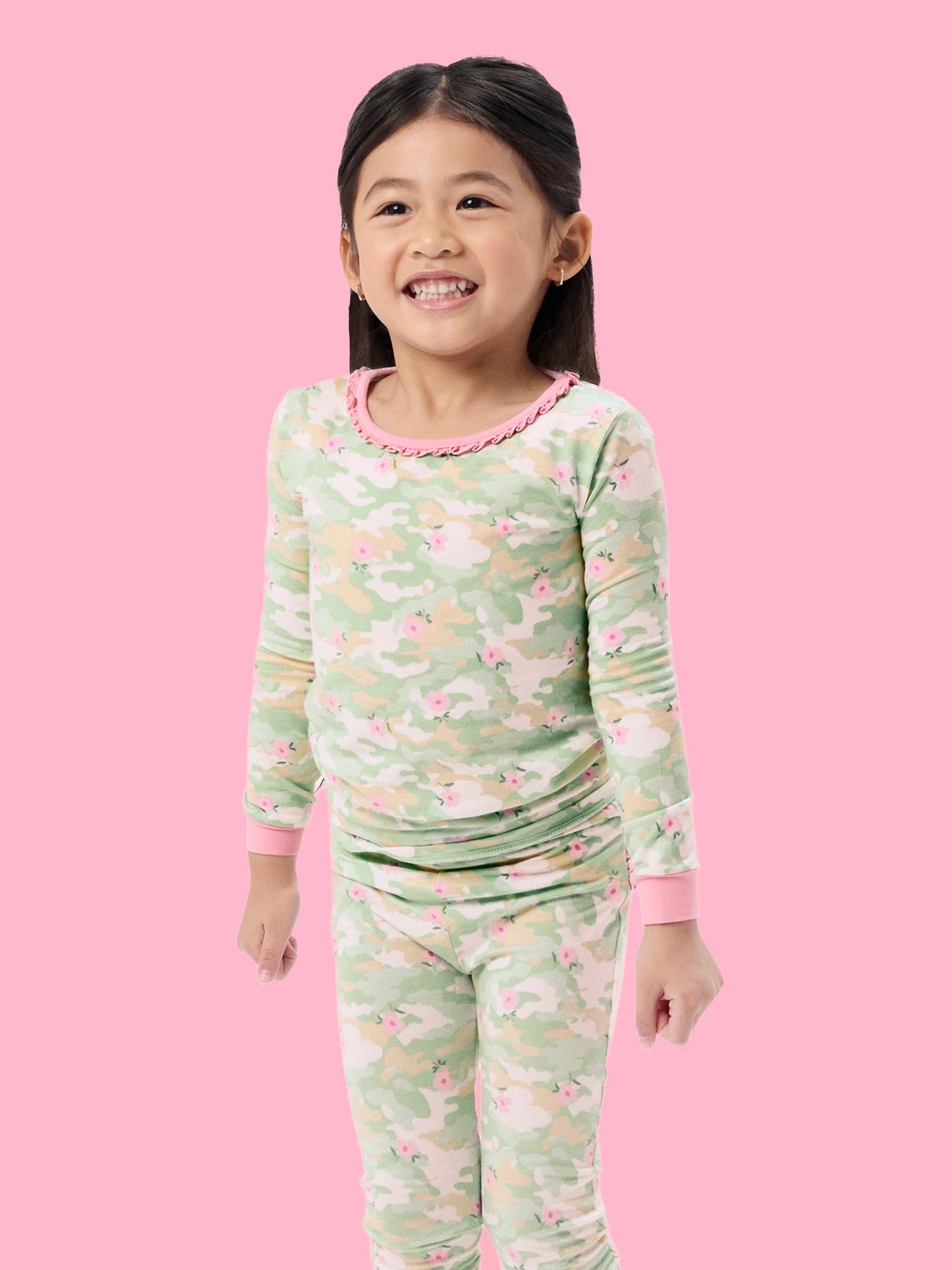 SoftSnooze™ Toddler Girls Cotton Modal Sage Blossom Camo Ruffle Long Sleeve Pajama Set with Signature Rear Ruffles