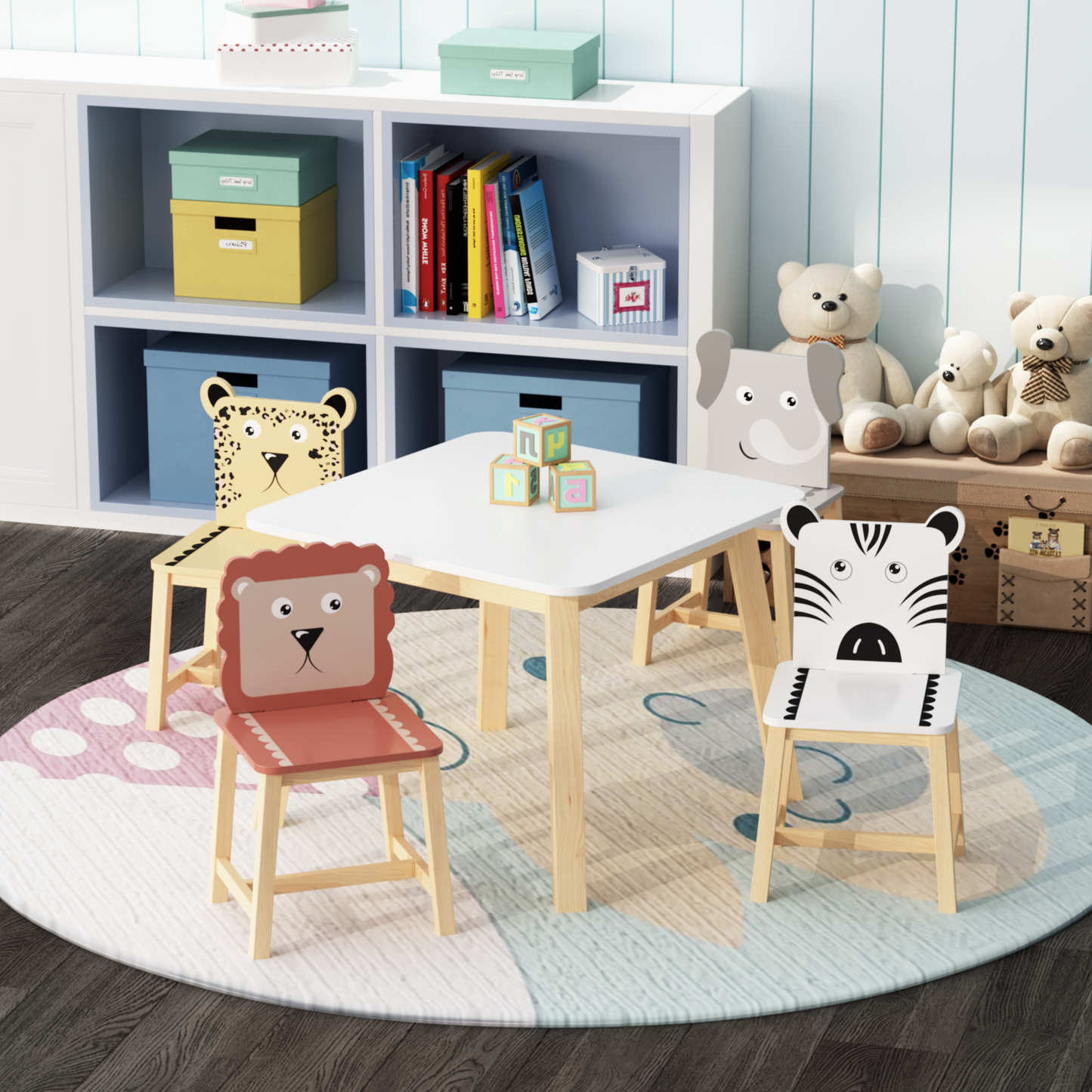 Kids Table and Chair Set with Cartoon Animal Backs, 5-Piece: Default