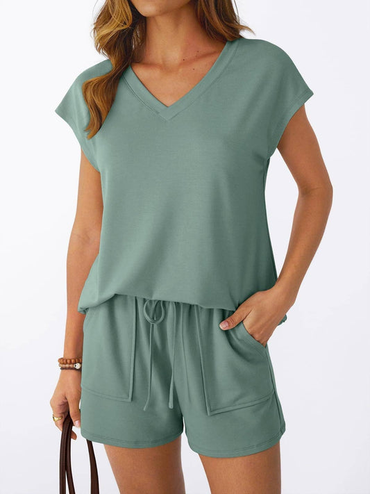 Women’s V Neck Short Sleeve Top and Drawstring Shorts Set Casual Summer Lounge Outfit