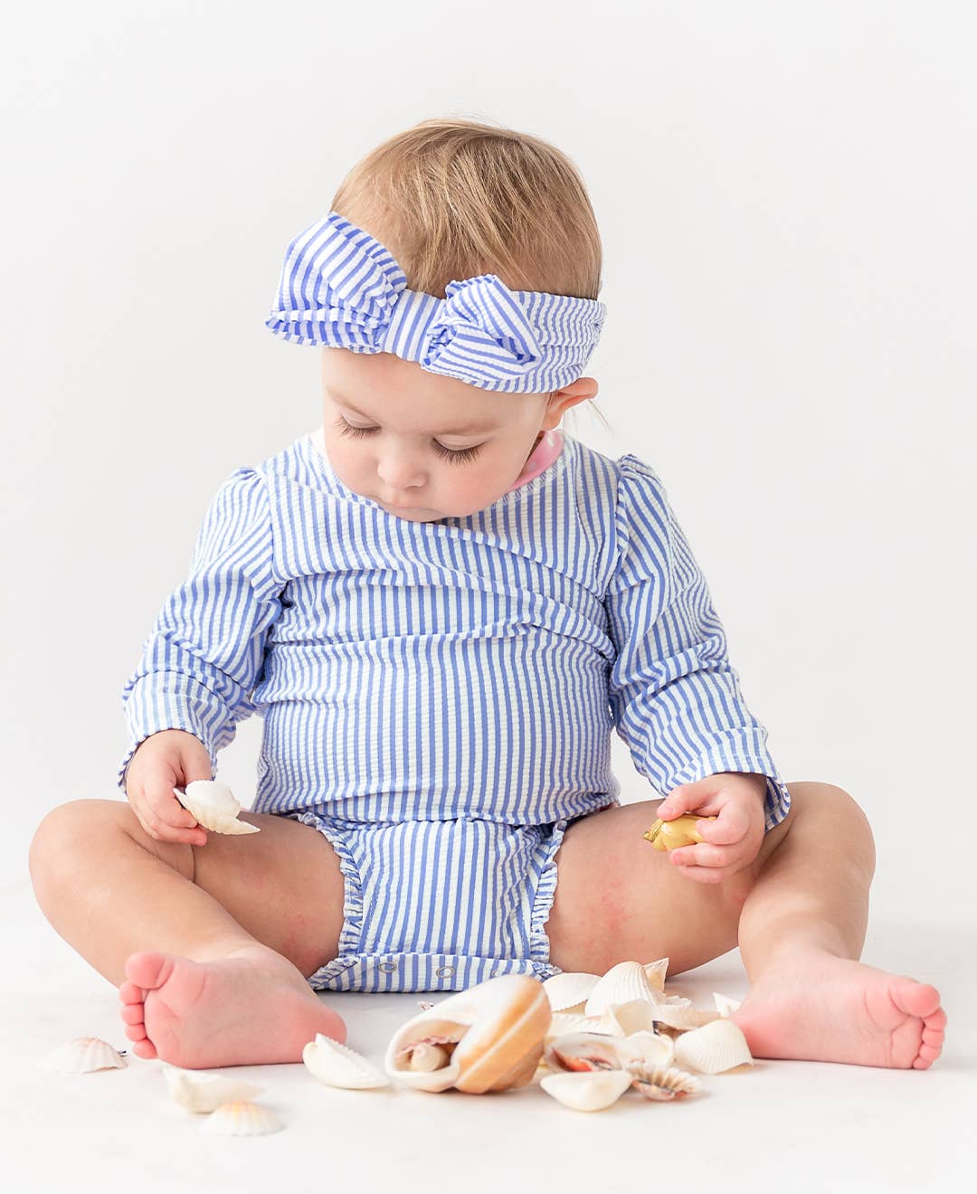 Baby Girls Periwinkle Blue Seersucker Long Sleeve One Piece Rash Guard Swimsuit with Signature Rear Ruffles