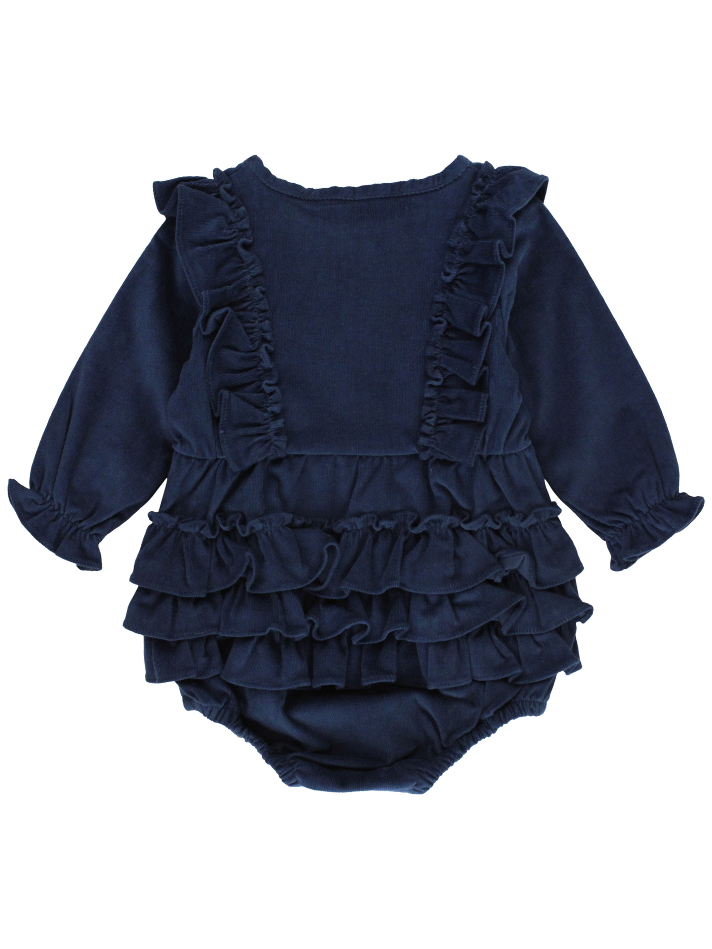 Baby Girls Dark Navy Stretch Corduroy Waterfall Bubble Romper: Blue / 18-24m