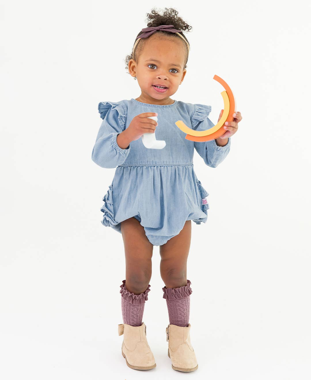 Baby Girls Light Wash Long Sleeve Flutter Bubble Romper: Blue / 18-24m