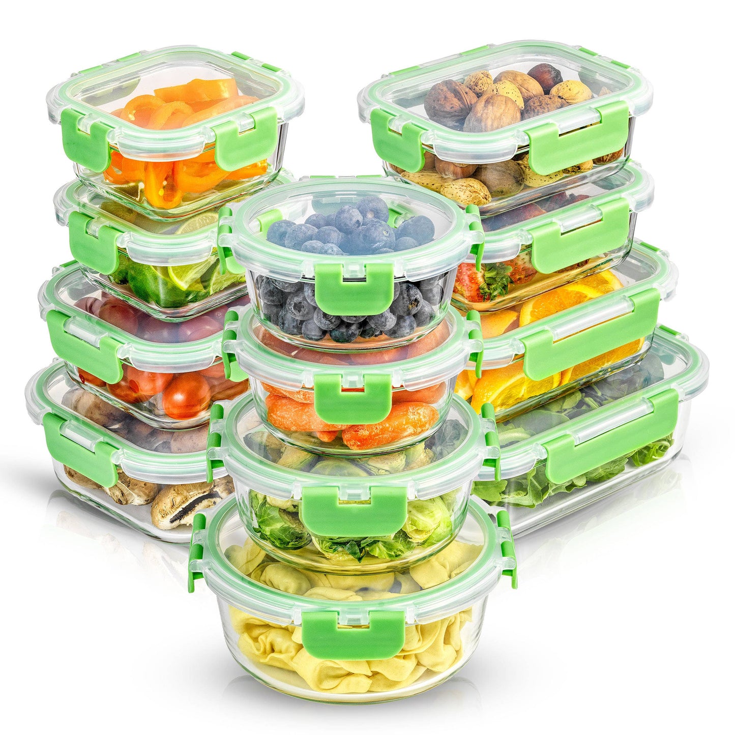 JoyFul 12 Glass Storage Containers With Green Leakproof Lids