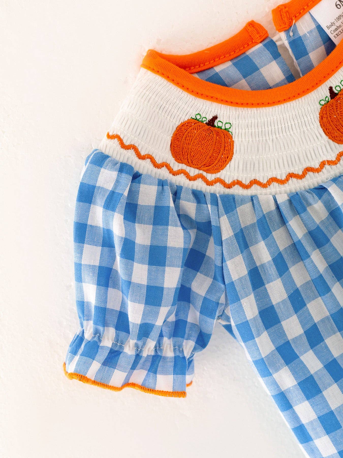 Halloween Bule Girls Woven Smocking Embroidered Plaid Romper: 3M - Edwina Alexis