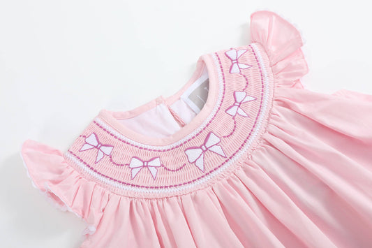 Pink and White Bows Smocked Bishop Dress: 12-18M