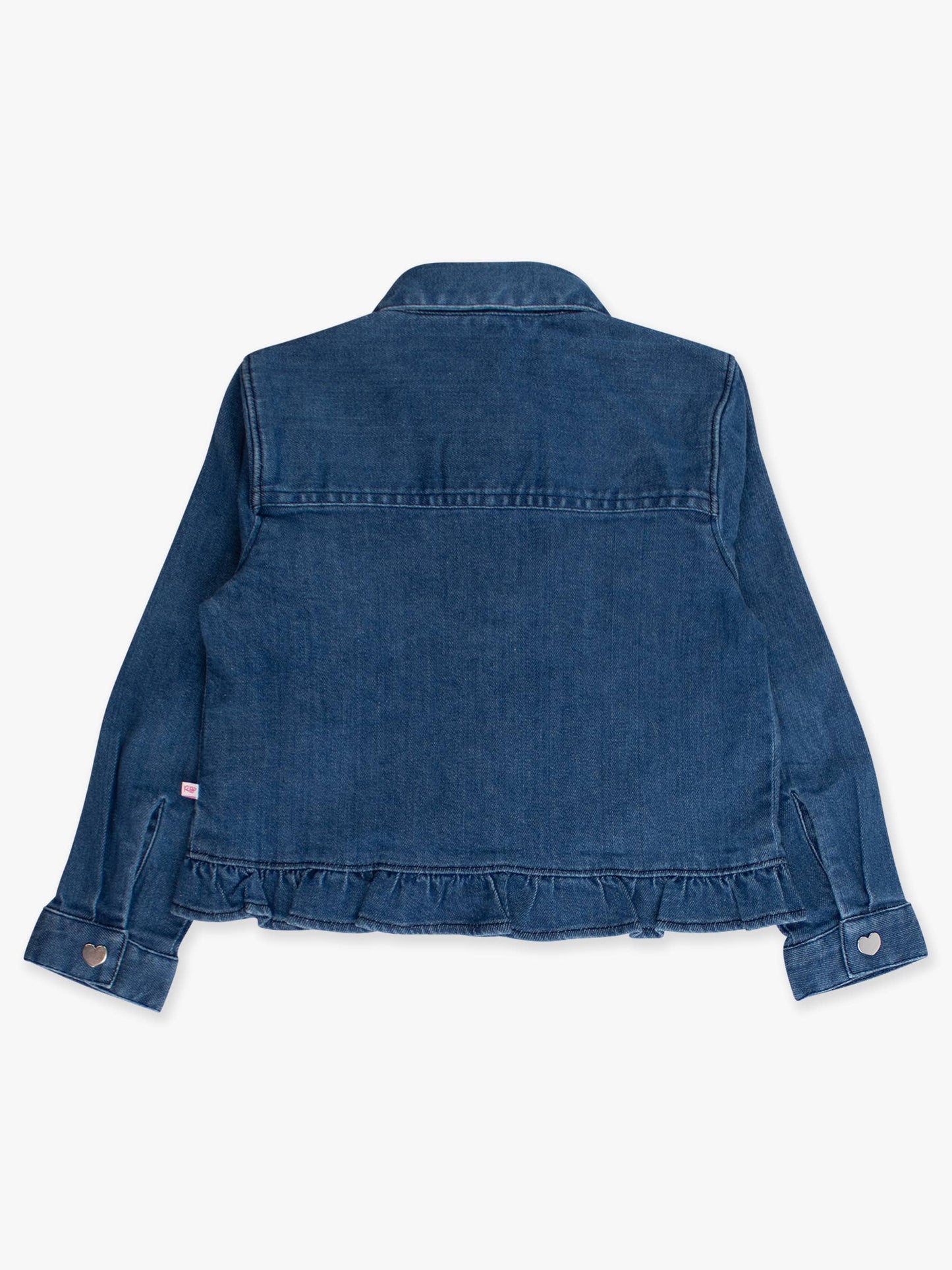 Girls Medium Wash Denim Stretch Denim Ruffle Jean Jacket with Heart Buttons: Blue / 18-24m