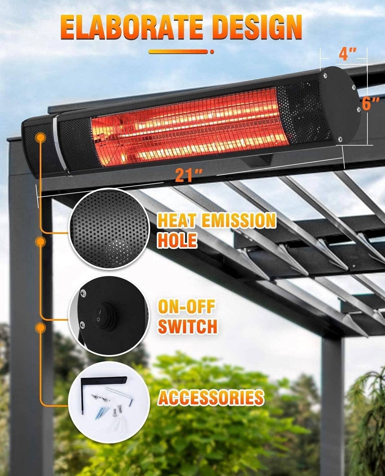 Electric Patio Heater, 1500W Outdoor Heater with 3 Power Settings, Infrared Heater with Remote Control, Overheat Protection, Wall Mounted Space Heater, In/Outdoor: Black