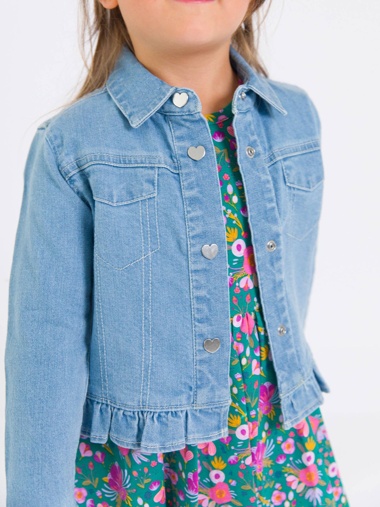 Girls Light Wash Denim Stretch Denim Ruffle Jean Jacket with Heart Buttons: Blue / 2T