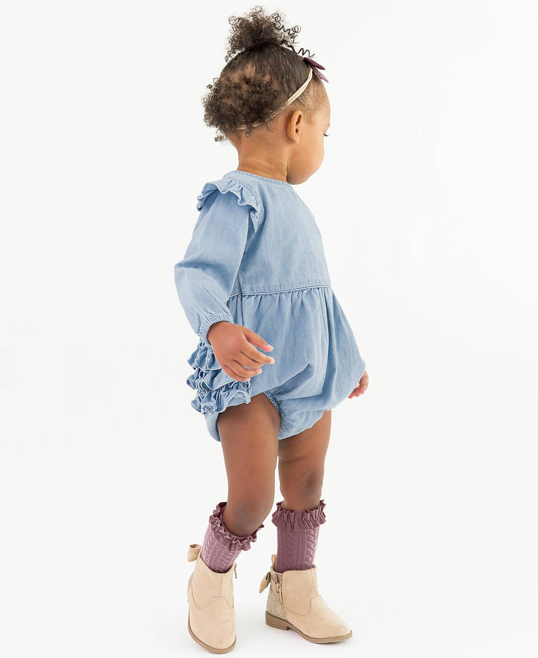 Baby Girls Light Wash Long Sleeve Flutter Bubble Romper: Blue / 18-24m