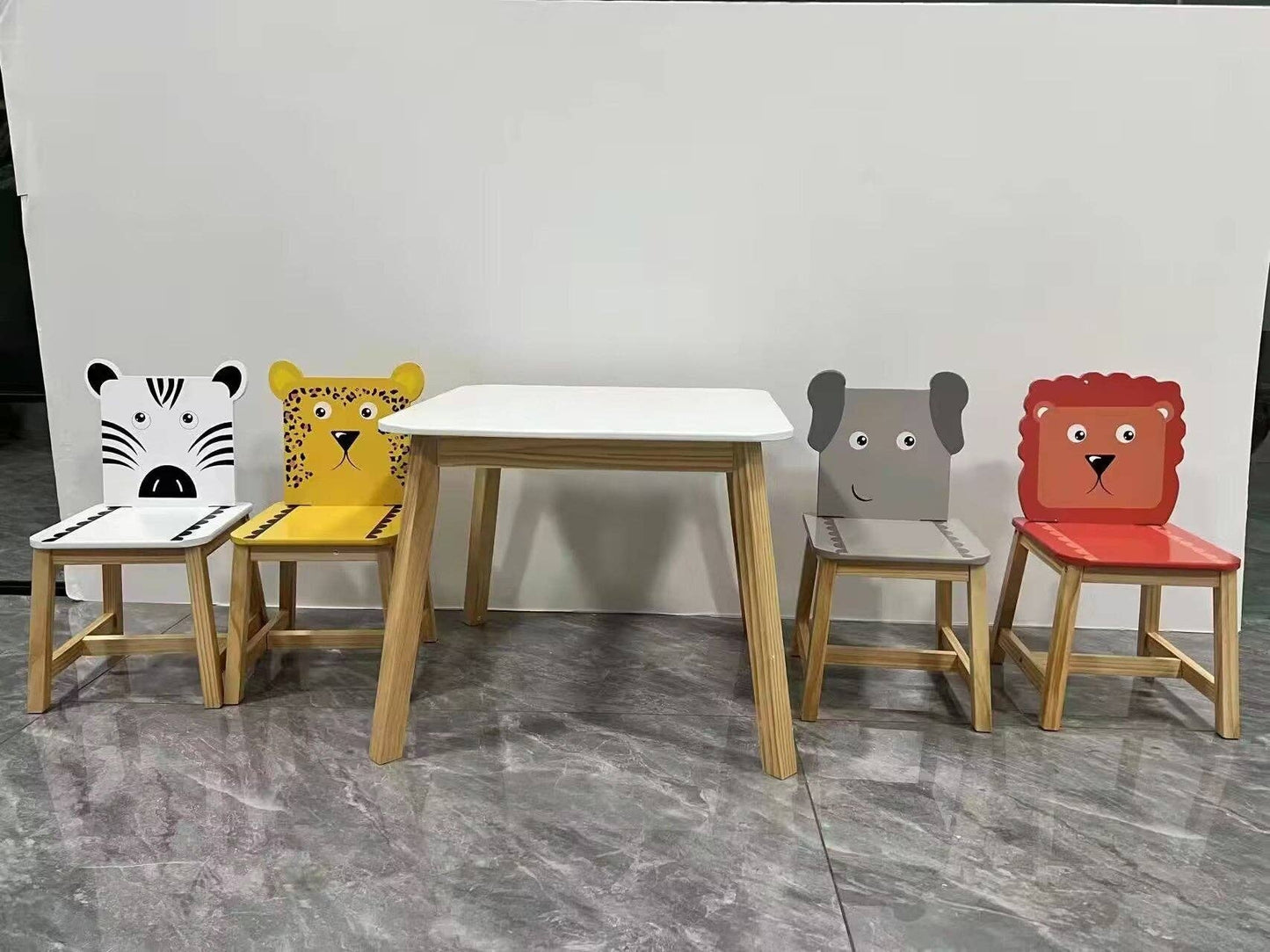 Kids Table and Chair Set with Cartoon Animal Backs, 5-Piece: Default