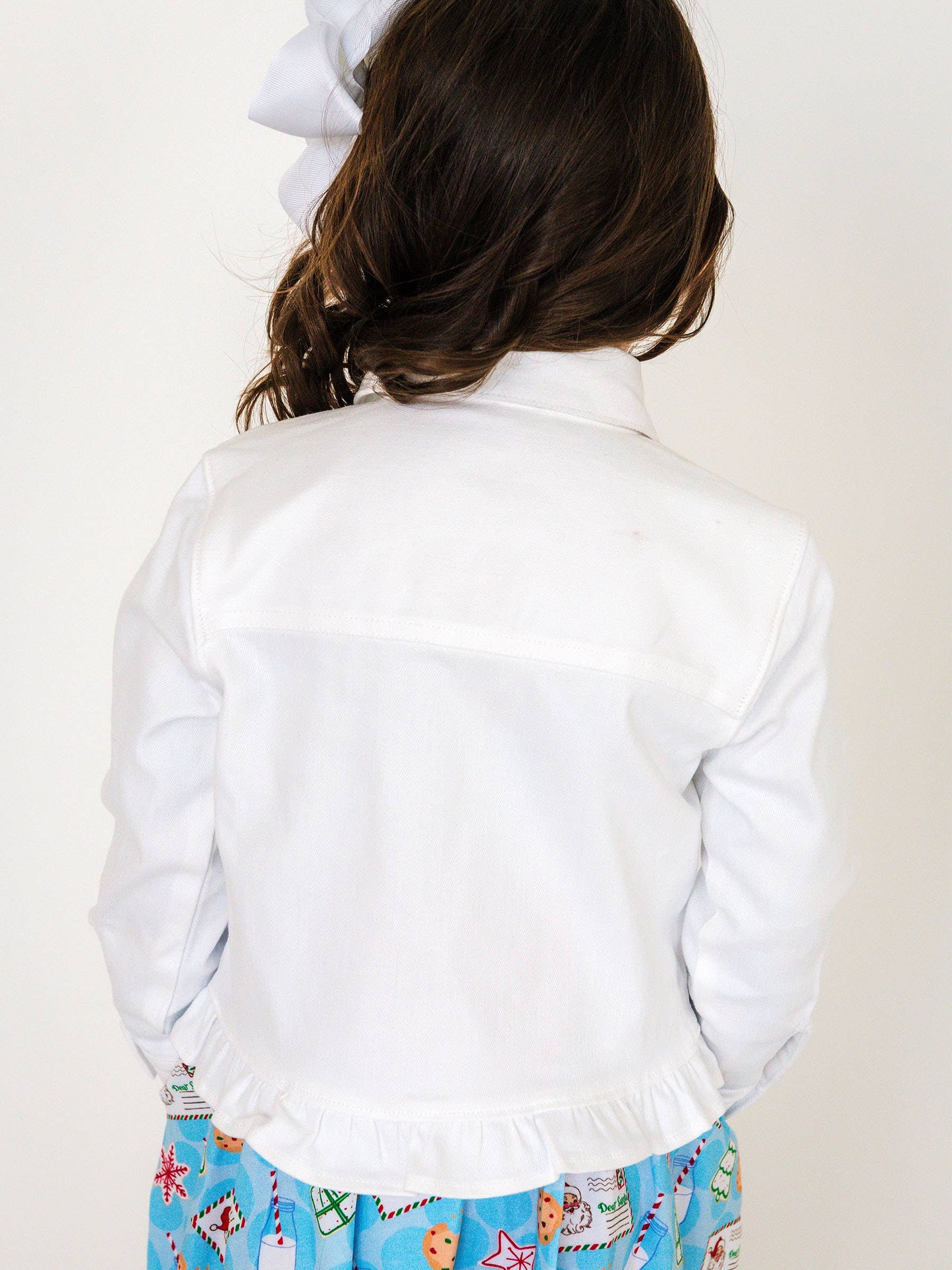 Girls White Stretch Denim Ruffle Jean Jacket with Heart Buttons: White / 2T