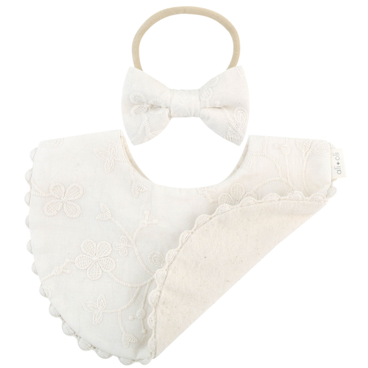 Cotton Baby Bib Double-Sided (Embroidered Flowers & Bow) - Edwina Alexis