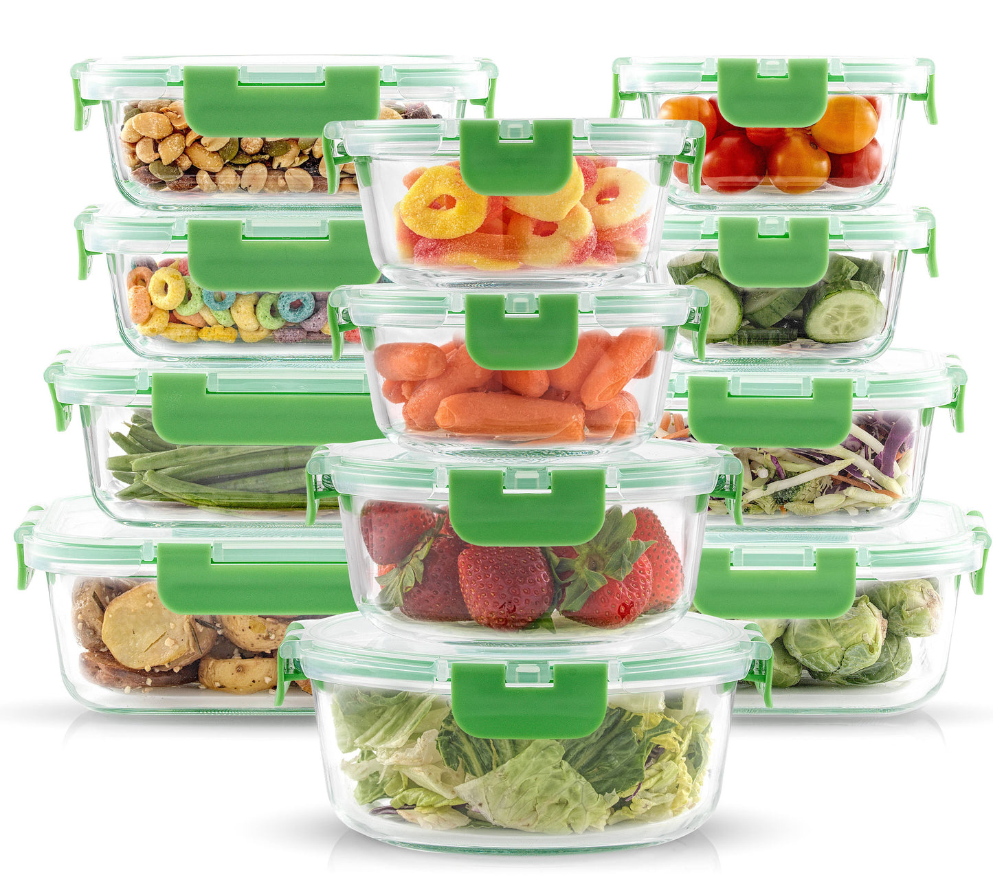 JoyFul 12 Glass Storage Containers With Green Leakproof Lids