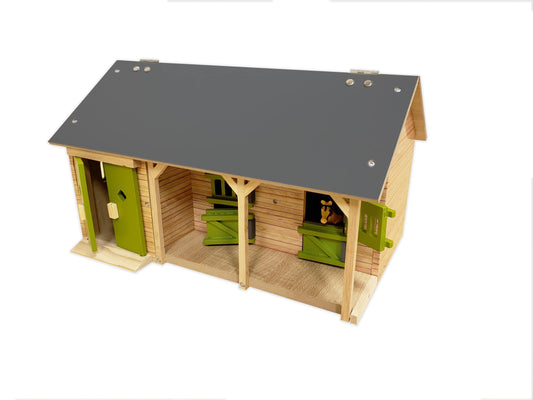 Kids Globe 1:32 Scale Wooden Horse Stable Toy With 2 Stalls: Wood/ Dark Grey/ Green