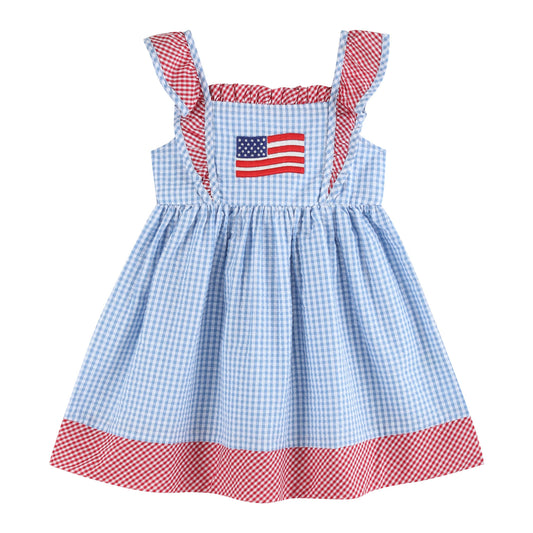 Blue Gingham American Flag Ruffle Dress: 5Y