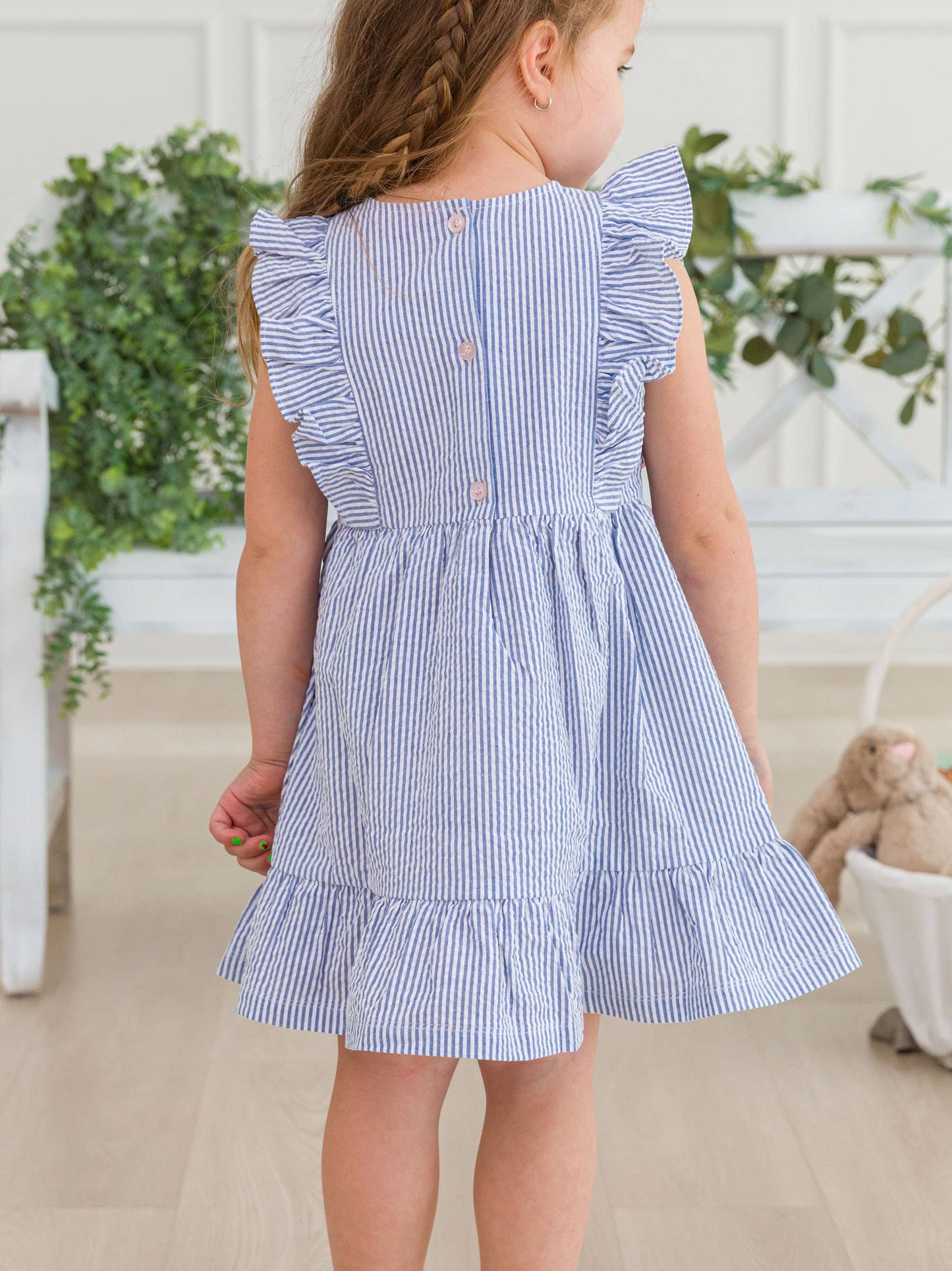 Girls Blue Seersucker Pinafore Bow Dress