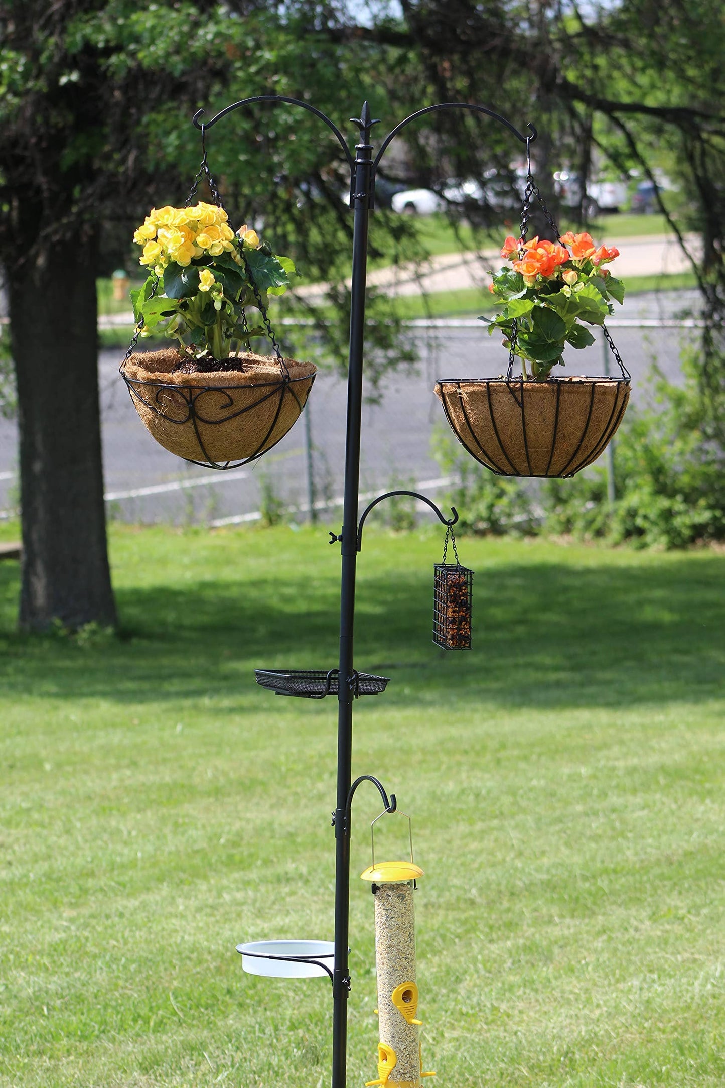 Ashman Bird Feeding Station, (Bird Station 5 Prongs with Hanging Suet Feeder), 22" Wide x 91" Tall with Top Hook, Two Small Arms and Water Dish, Hanging Suet Cage Bird Feeder Stand