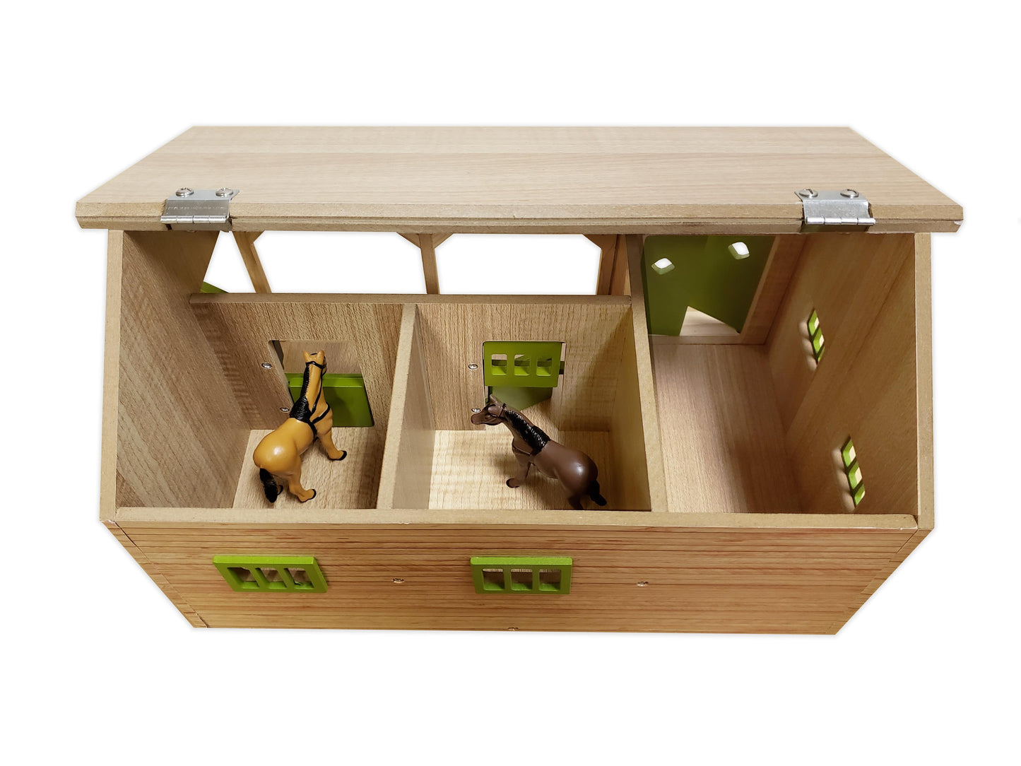 Kids Globe 1:32 Scale Wooden Horse Stable Toy With 2 Stalls: Wood/ Dark Grey/ Green