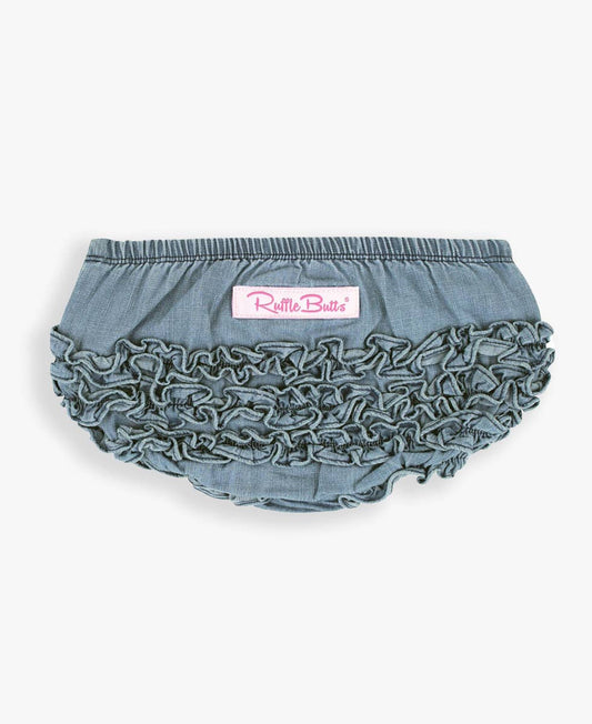 Baby Girls Light Wash Woven RuffleButt Bloomer: Blue / 12-18m