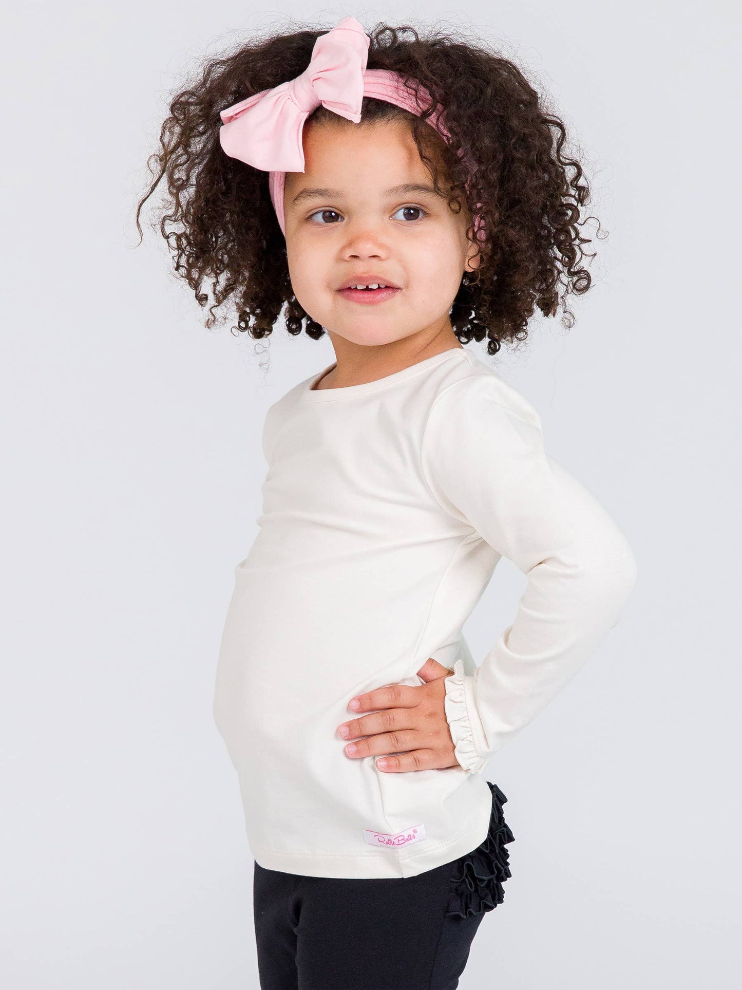 Girls Ivory Knit Long Sleeve Ruffle Sleeve Top: Off-White / 2T