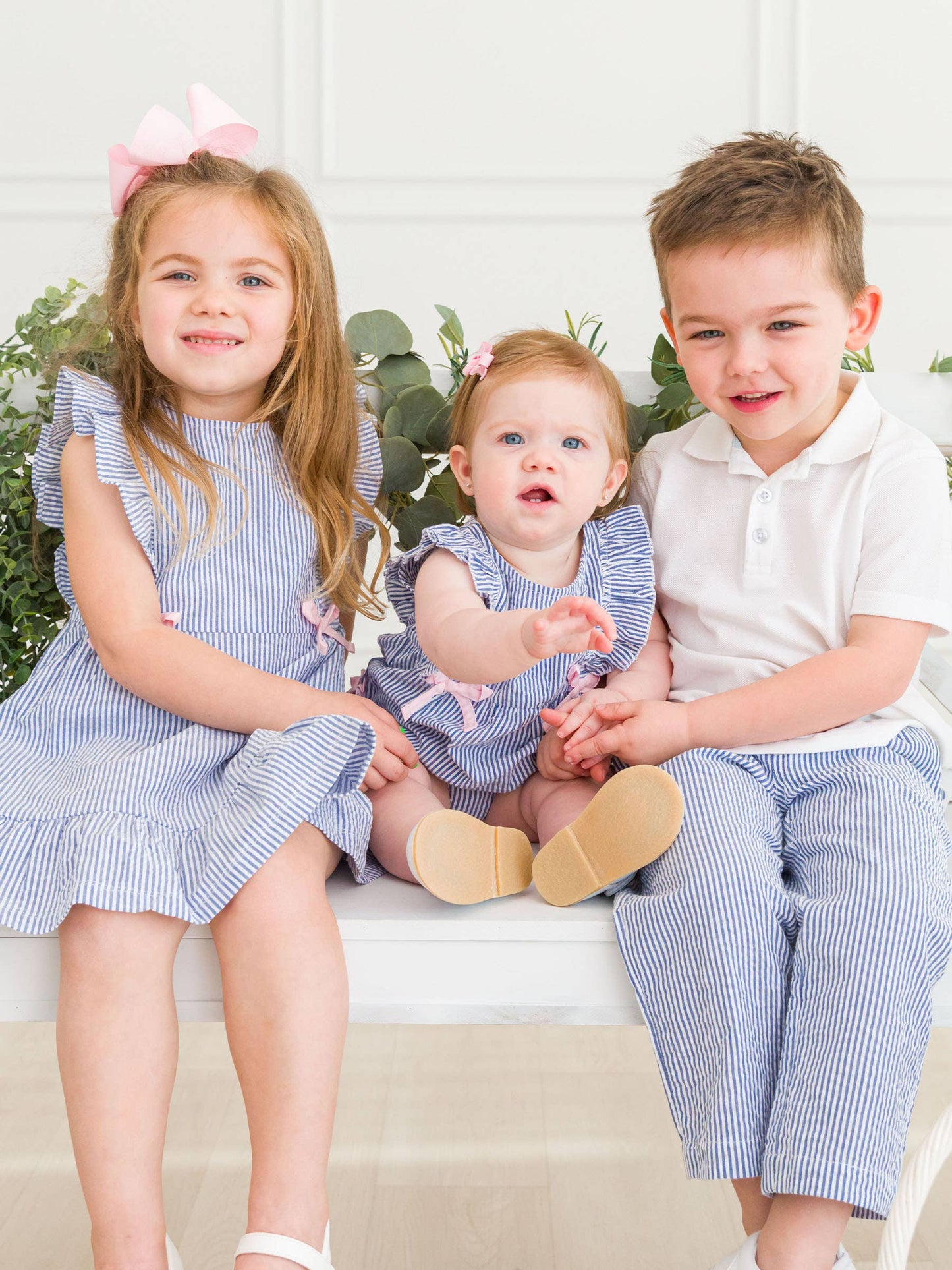 Girls Blue Seersucker Pinafore Bow Dress