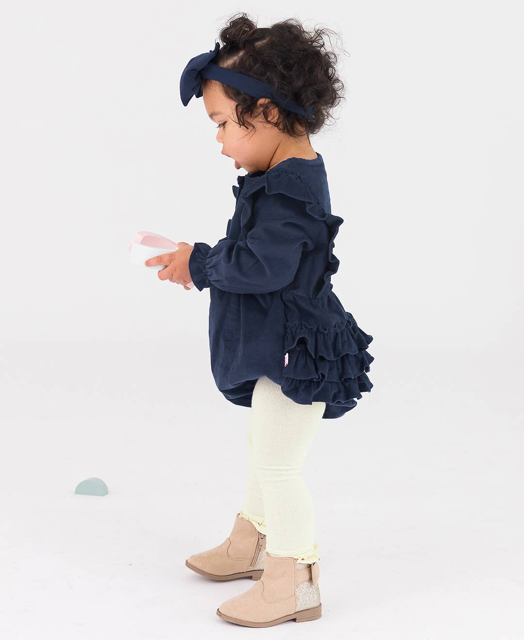 Baby Girls Dark Navy Stretch Corduroy Waterfall Bubble Romper: Blue / 18-24m