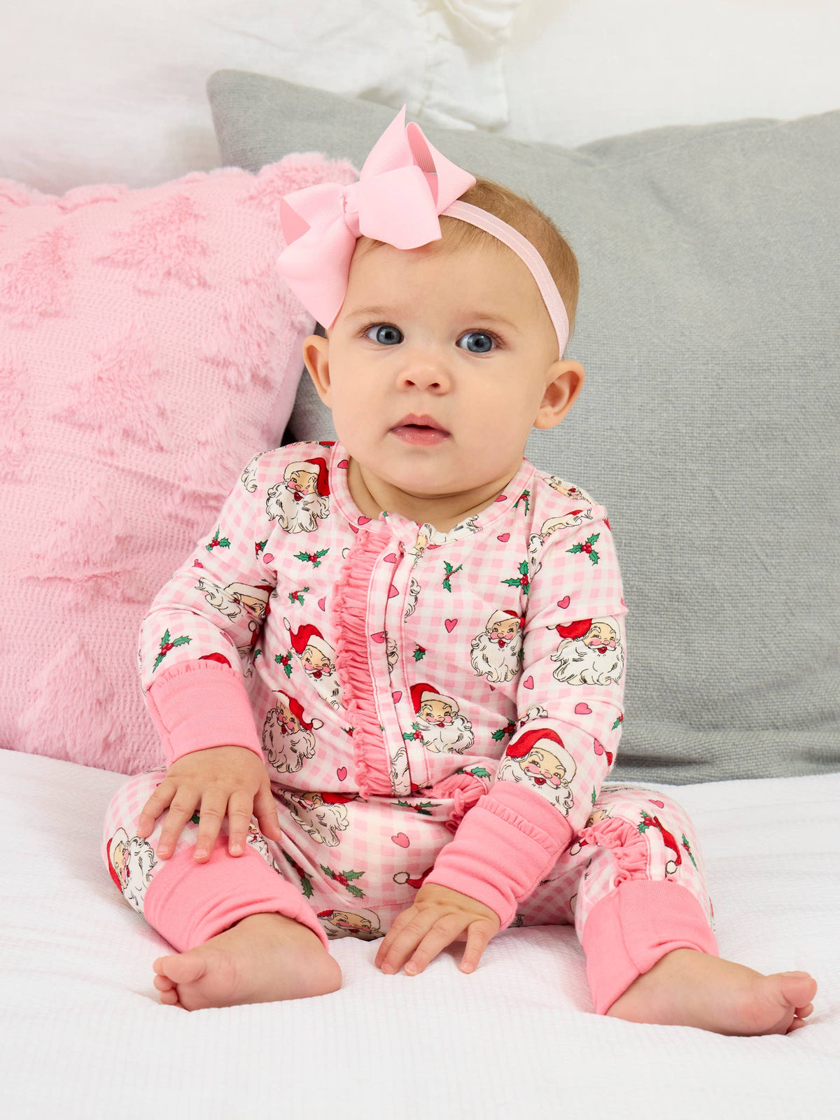 SoftSnooze™ Baby Girls Bamboo Viscose Pink Dear Santa Convertible Ruffle One Piece Footie Pajama