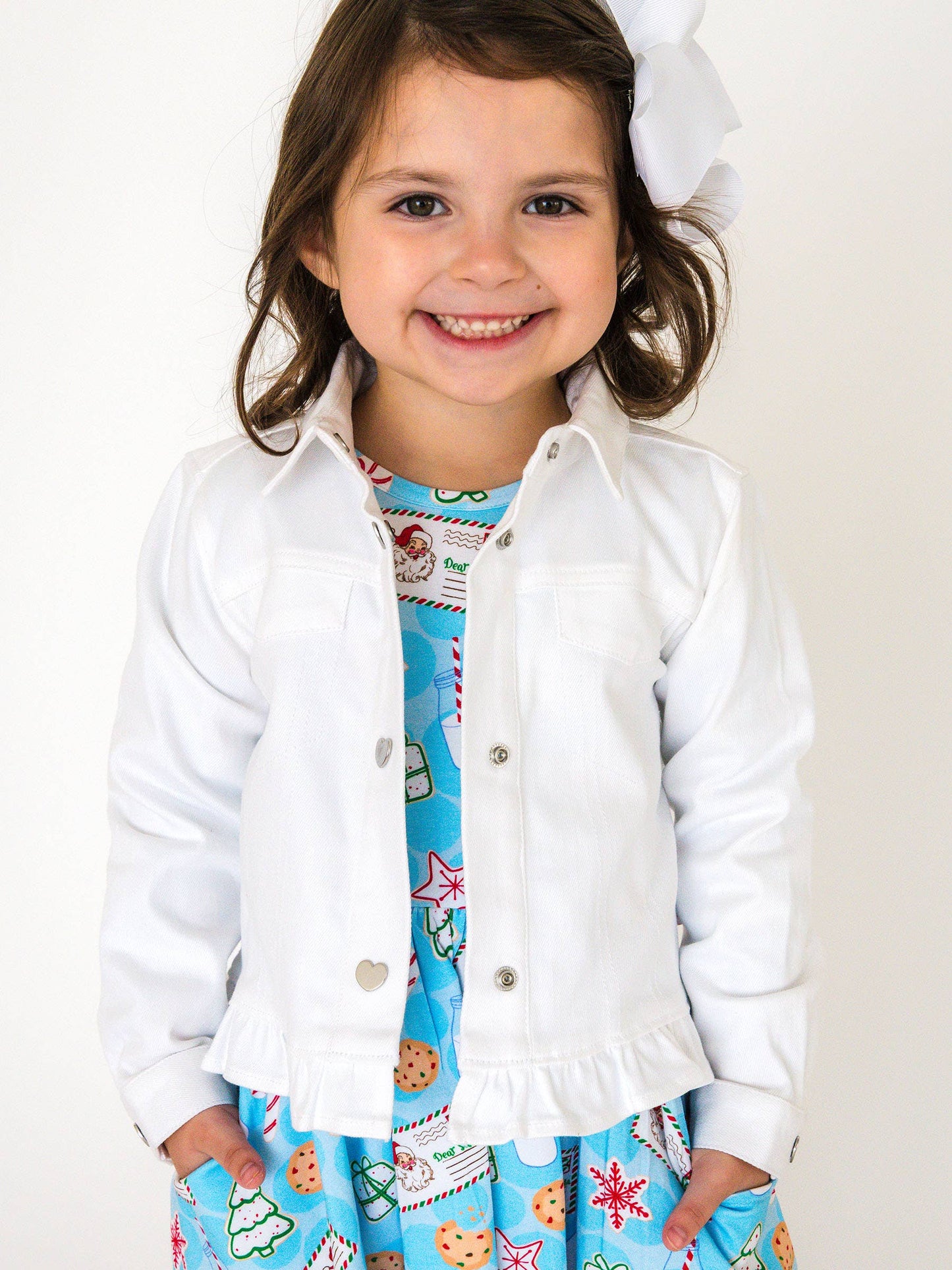 Girls White Stretch Denim Ruffle Jean Jacket with Heart Buttons: White / 2T
