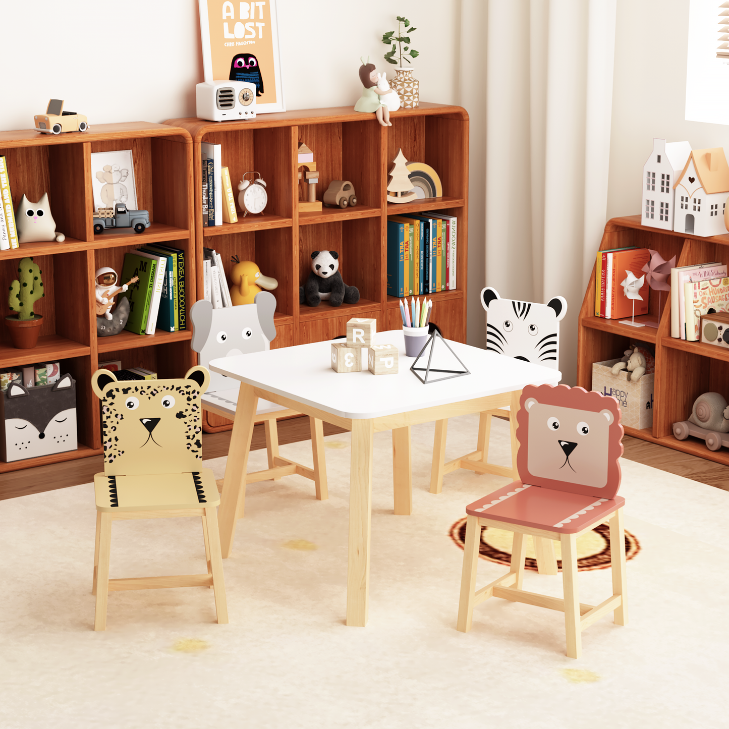 Kids Table and Chair Set with Cartoon Animal Backs, 5-Piece: Default