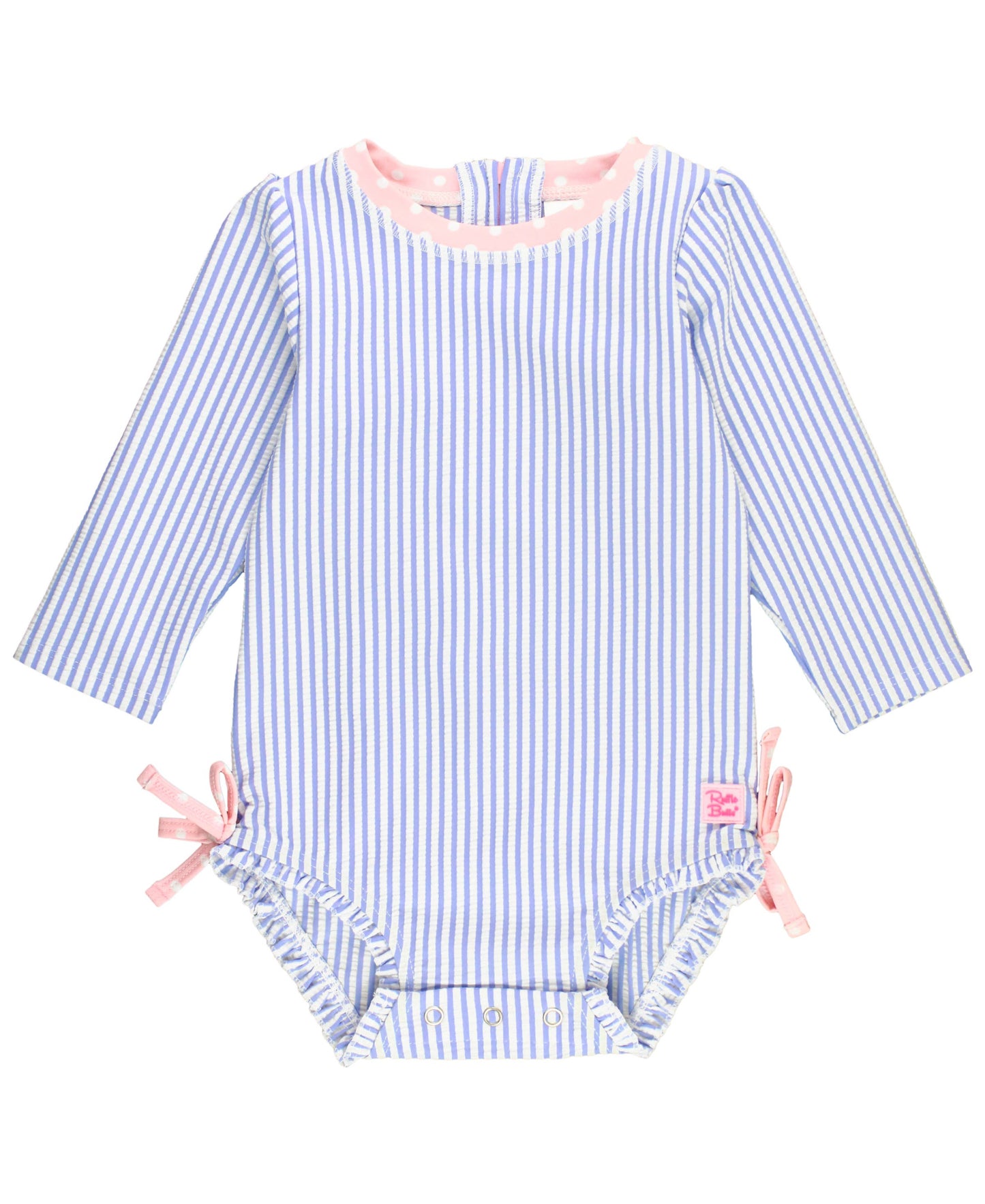 Baby Girls Periwinkle Blue Seersucker Long Sleeve One Piece Rash Guard Swimsuit with Signature Rear Ruffles