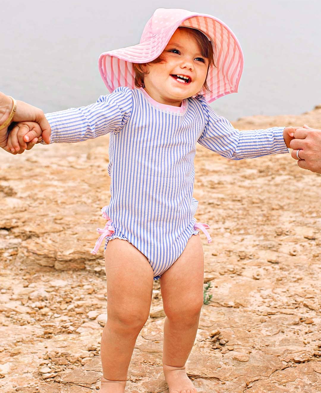 Baby Girls Periwinkle Blue Seersucker Long Sleeve One Piece Rash Guard Swimsuit with Signature Rear Ruffles