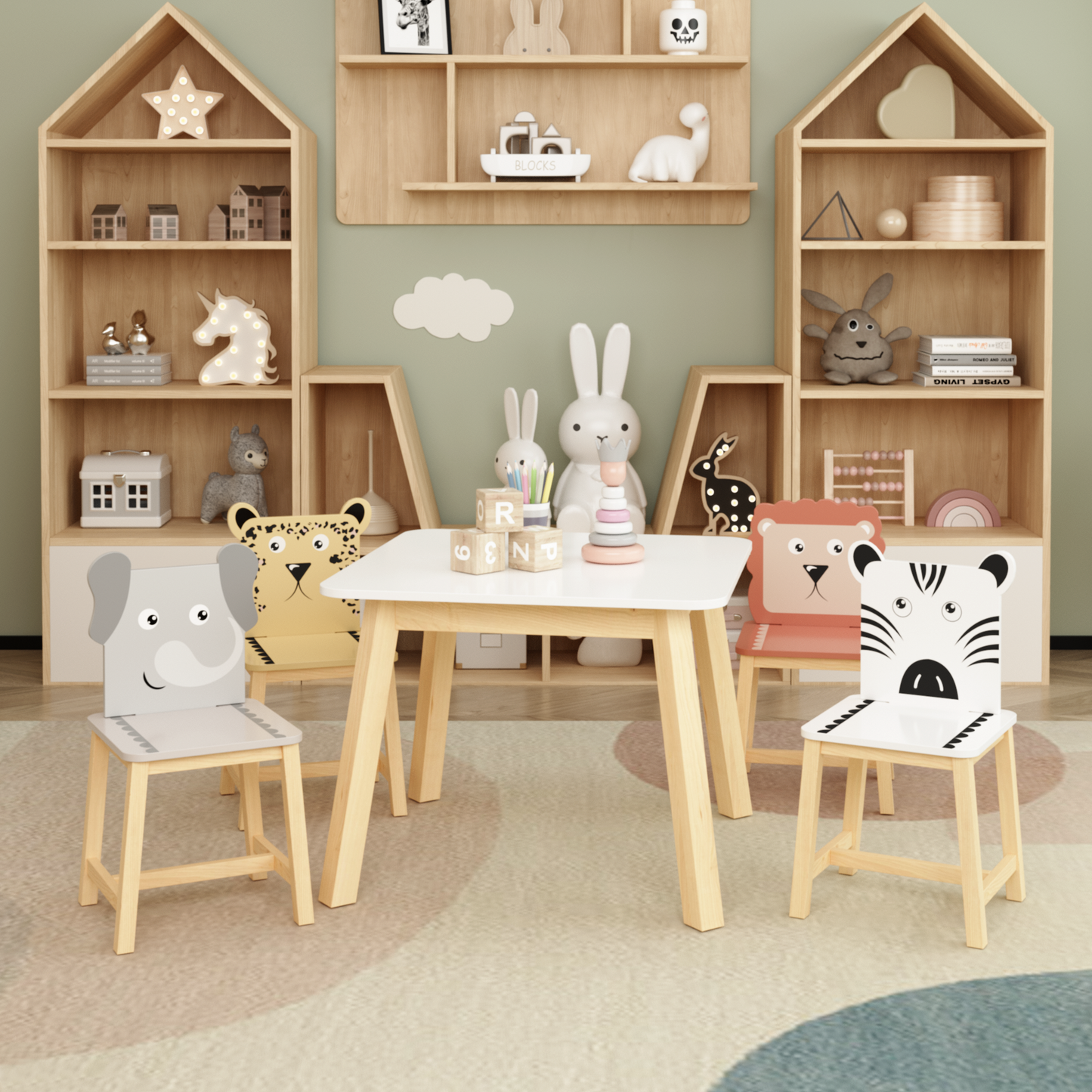 Kids Table and Chair Set with Cartoon Animal Backs, 5-Piece: Default