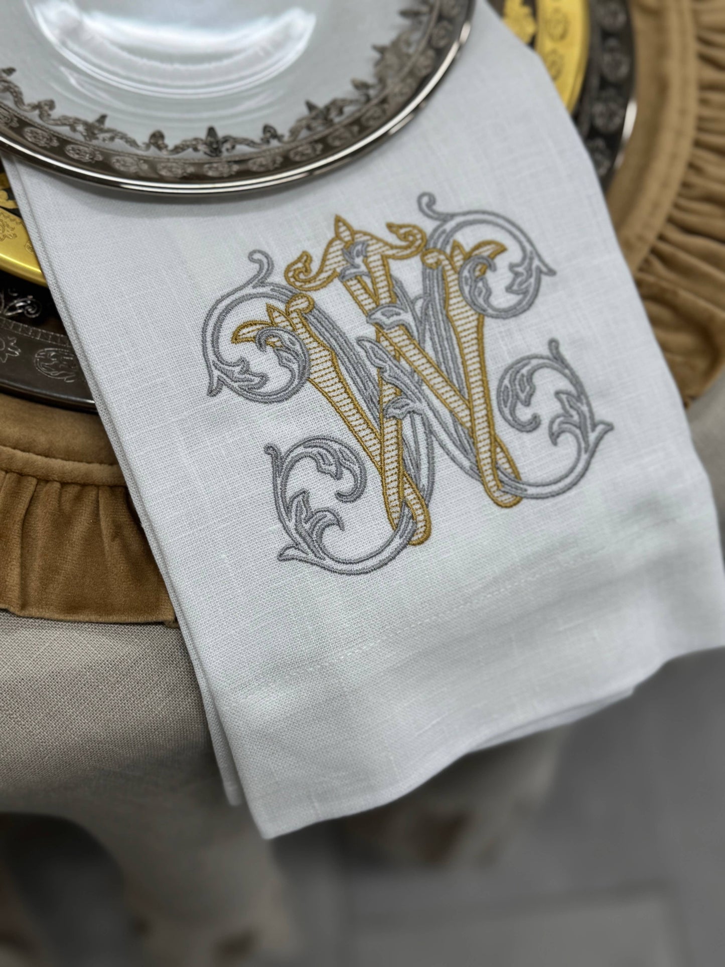 Vintage Vine Monogram Linen Towel: V