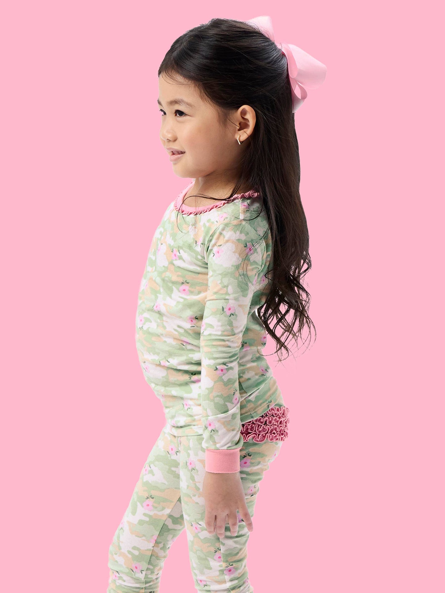 SoftSnooze™ Toddler Girls Cotton Modal Sage Blossom Camo Ruffle Long Sleeve Pajama Set with Signature Rear Ruffles
