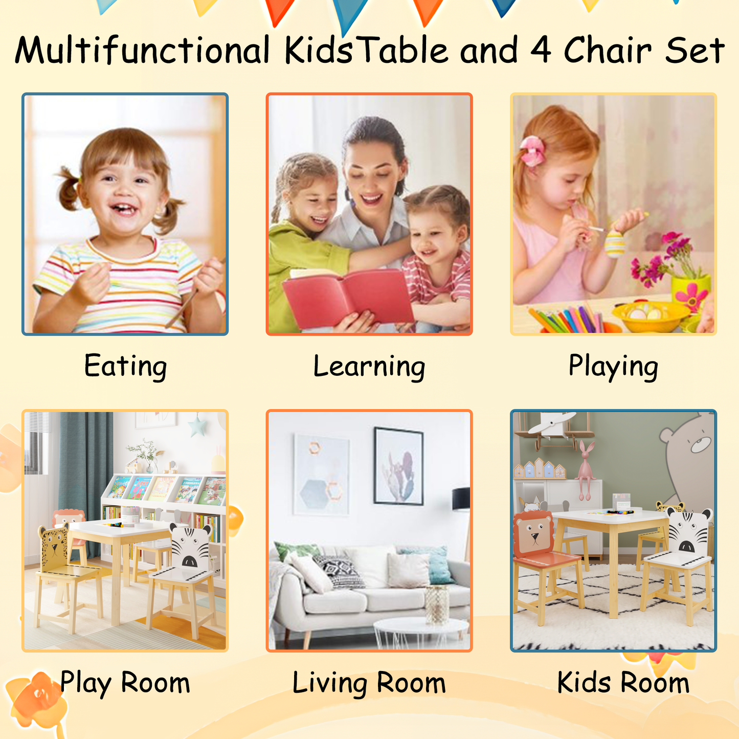 Kids Table and Chair Set with Cartoon Animal Backs, 5-Piece: Default