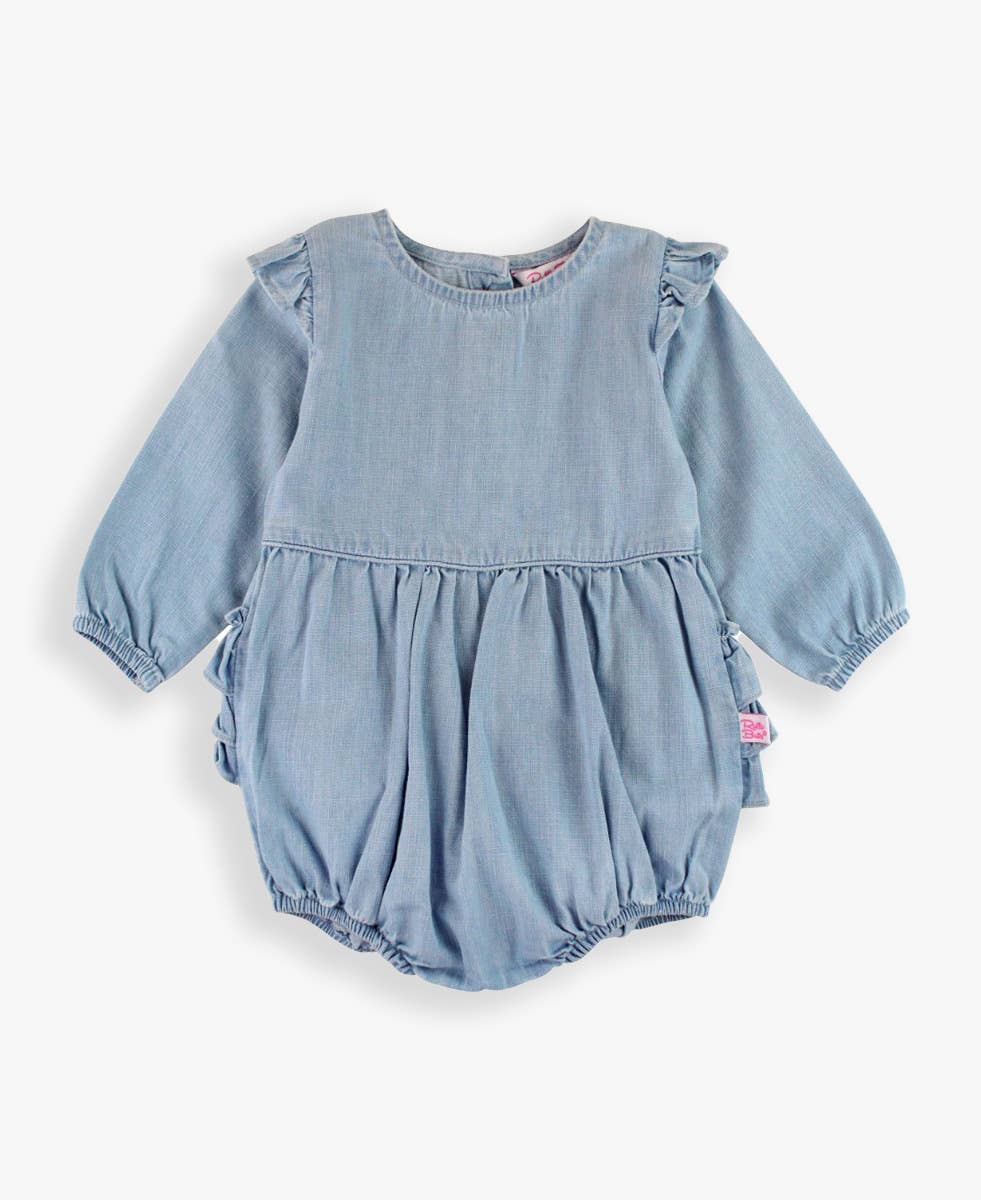 Baby Girls Light Wash Long Sleeve Flutter Bubble Romper: Blue / 18-24m