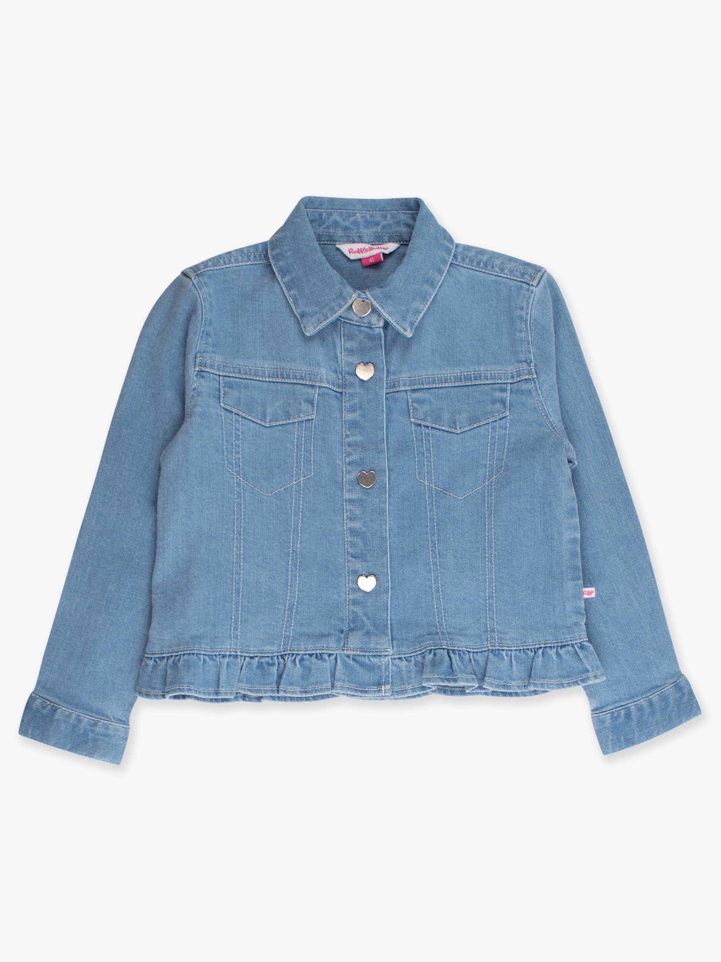 Girls Light Wash Denim Stretch Denim Ruffle Jean Jacket with Heart Buttons: Blue / 2T