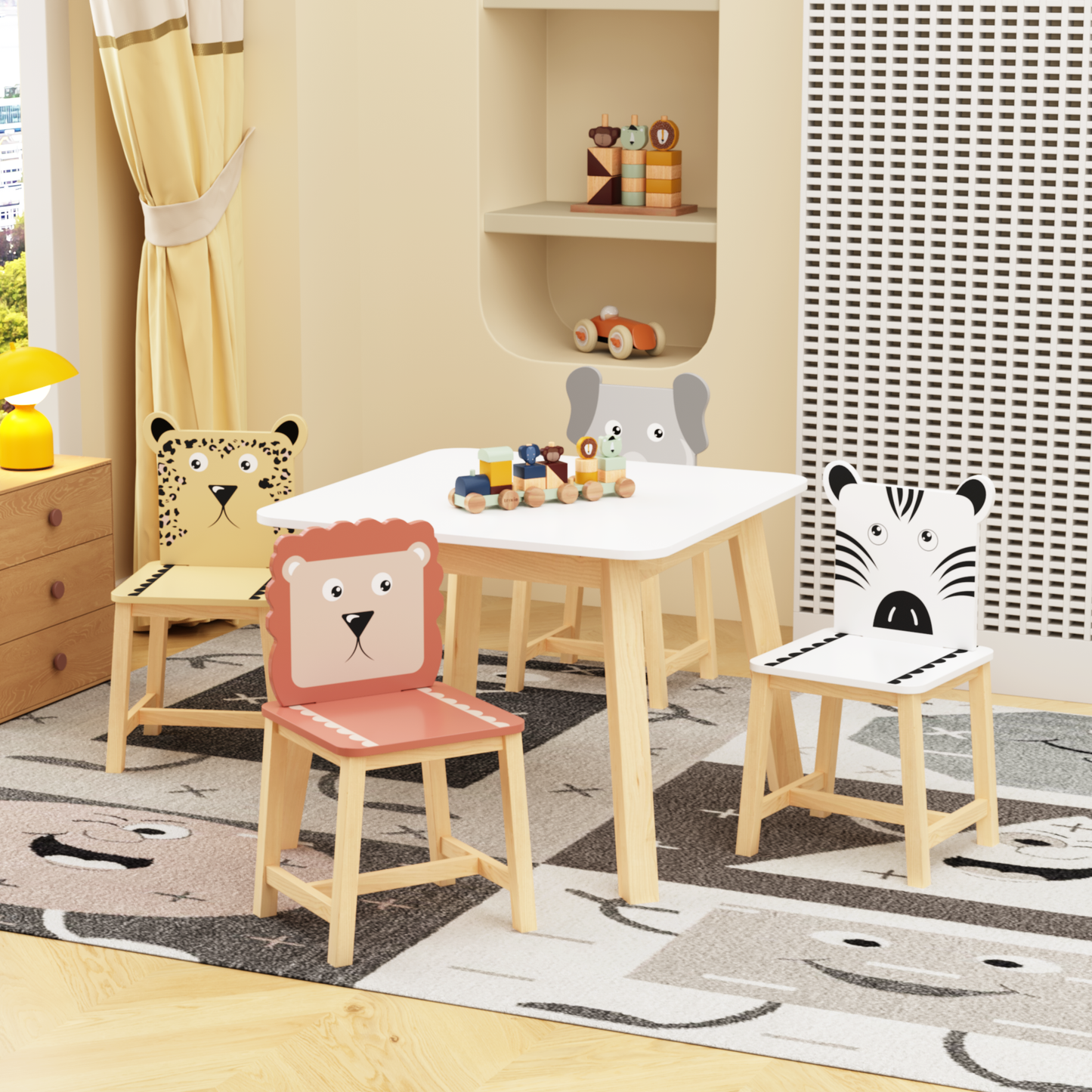 Kids Table and Chair Set with Cartoon Animal Backs, 5-Piece: Default