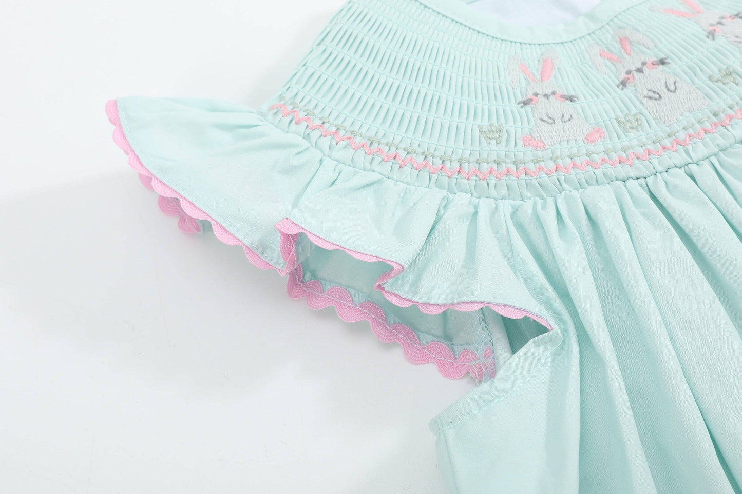 Misty Blue Easter Bunny Smocked Bishop Dress: 5Y